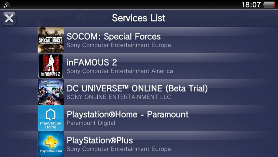 PS Vita correctly shows my service list, including the missing PlayStation Plus subscription.