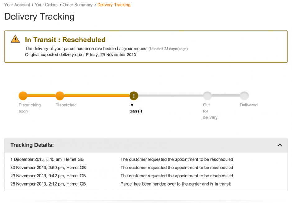 Even now (Dec 30 2013), Amazon hasn't updated the order to say it was lost / canceled.