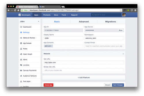 Facebook App Settings